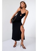 Smooth maxi dress on straps with a slit, black 110570 - Online store - Boutique